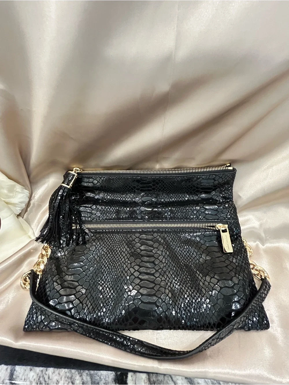 Michael Kors Black Snake-Embossed Tassel Crossbody